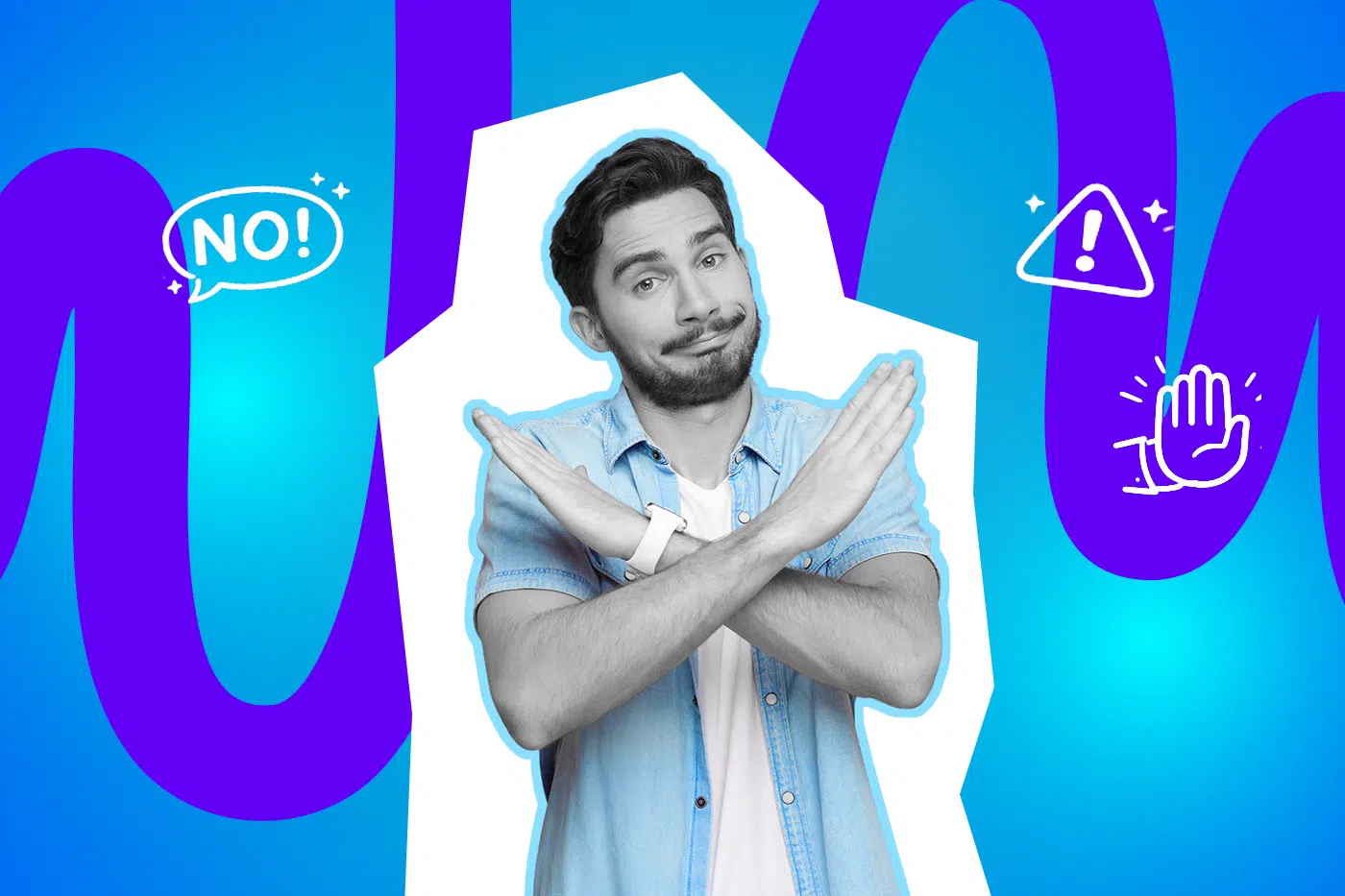 Ein Mann steht frontal zur Kamera und kreuzt deutlich die Arme vor der Brust, was eine klare Ablehnung signalisiert.