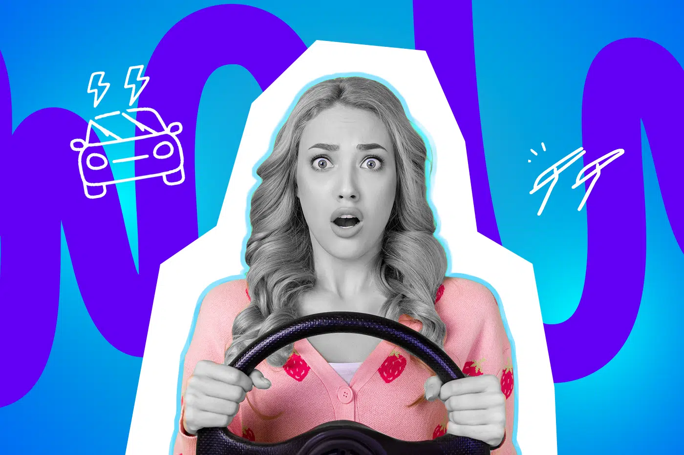 Überraschte Frau am Steuer eines Autos mit weit aufgerissenen Augen vor einem bunten, abstrakten Hintergrund mit gezeichneten Autosymbolen und Blitzen.