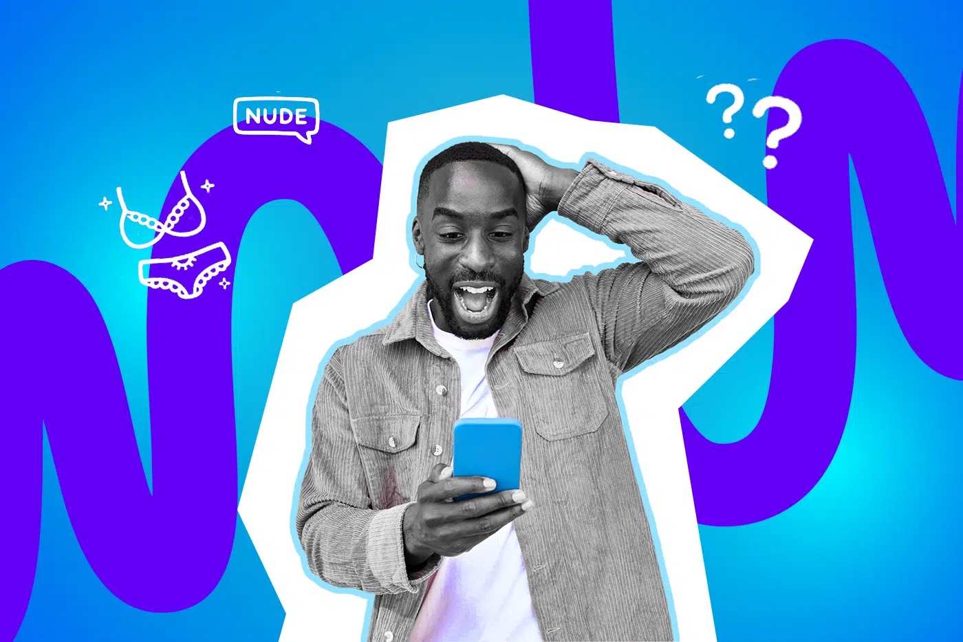 Ein Mann schaut überrascht und lachend auf sein Smartphone und hält sich den Kopf, vor einem farbigen Hintergrund mit Symbolen für Unterwäsche, Nachrichten und Fragezeichen.