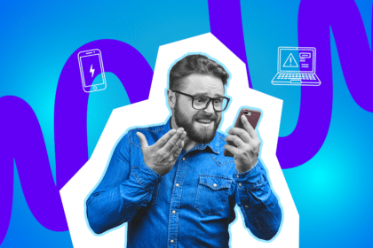 Ein Mann mit Brille schaut verwirrt auf sein Smartphone und gestikuliert ratlos, vor einem farbigen Hintergrund mit Symbolen für Technik und Fehlermeldungen.