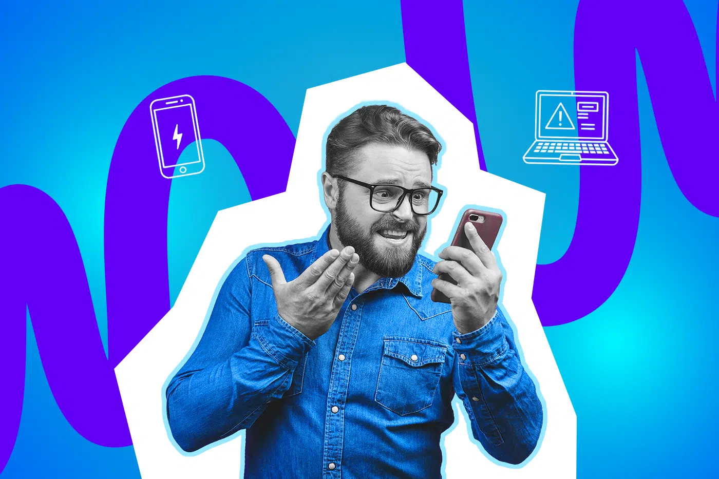 Ein Mann mit Brille schaut verwirrt auf sein Smartphone und gestikuliert ratlos, vor einem farbigen Hintergrund mit Symbolen für Technik und Fehlermeldungen.