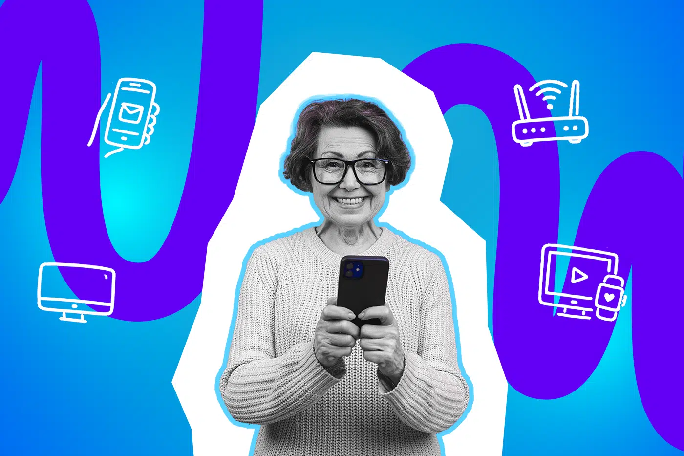 Eine ältere Frau lächelt und hält ein Smartphone, umgeben von Symbolen für Technik und digitale Kommunikation.