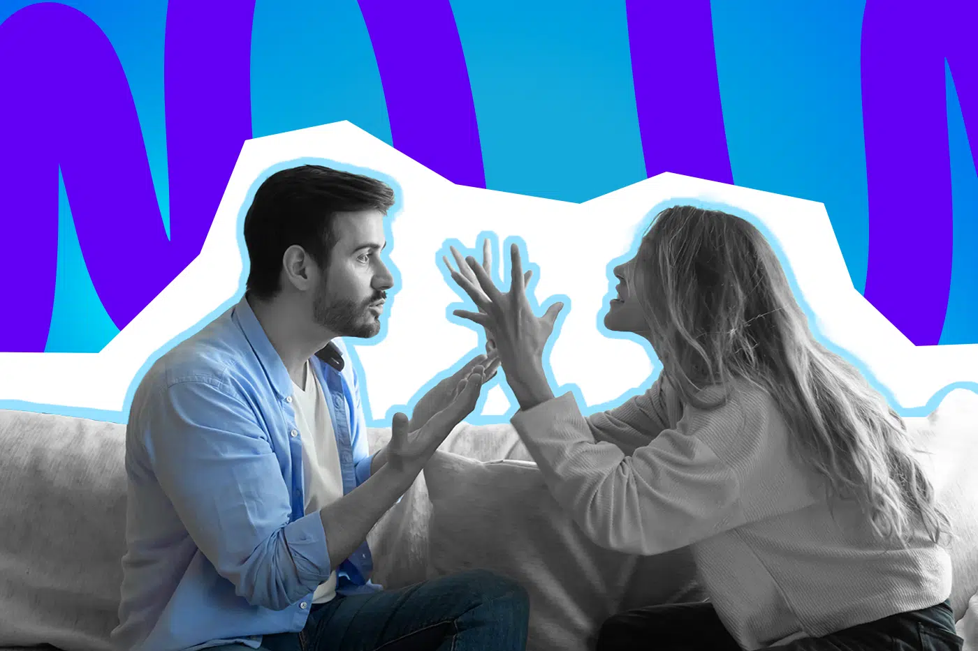 Ein Paar sitzt sich gegenüber und streitet heftig, beide gestikulieren mit erhobenen Händen. Die Szene wirkt angespannt und emotional.