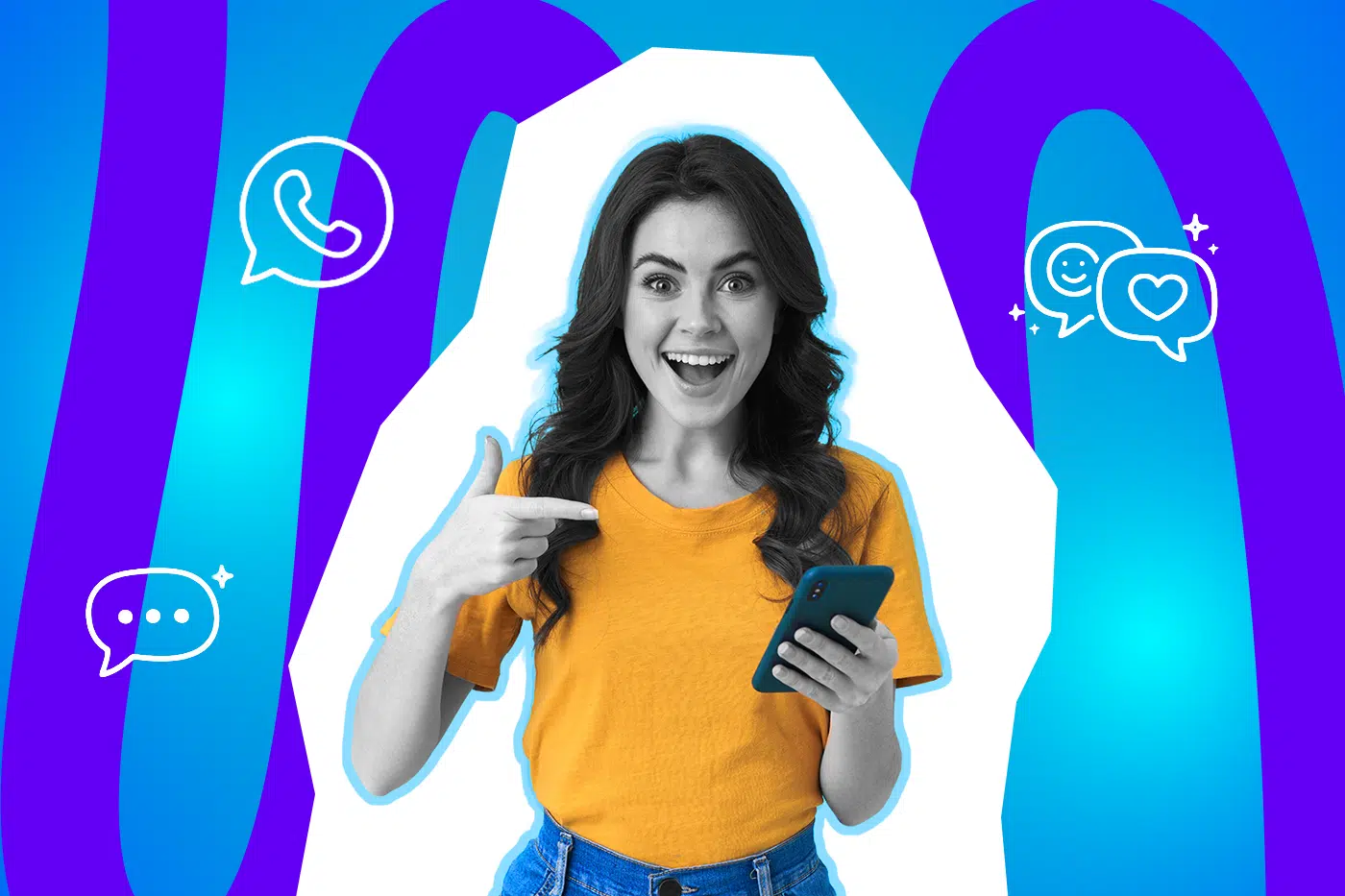 Eine fröhliche Frau zeigt lachend auf sich selbst und hält ein Smartphone vor blau-lila Hintergrund mit Chat- und WhatsApp-Symbolen.
