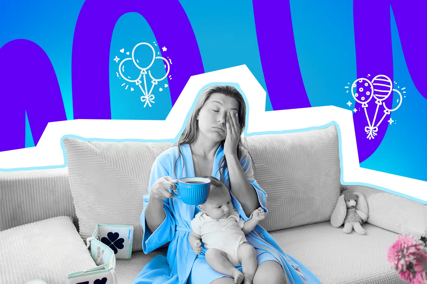 Müde Mutter sitzt mit Baby auf dem Sofa, hält eine Kaffeetasse und reibt sich erschöpft die Augen vor einem bunten, grafischen Hintergrund mit Ballonsymbolen.