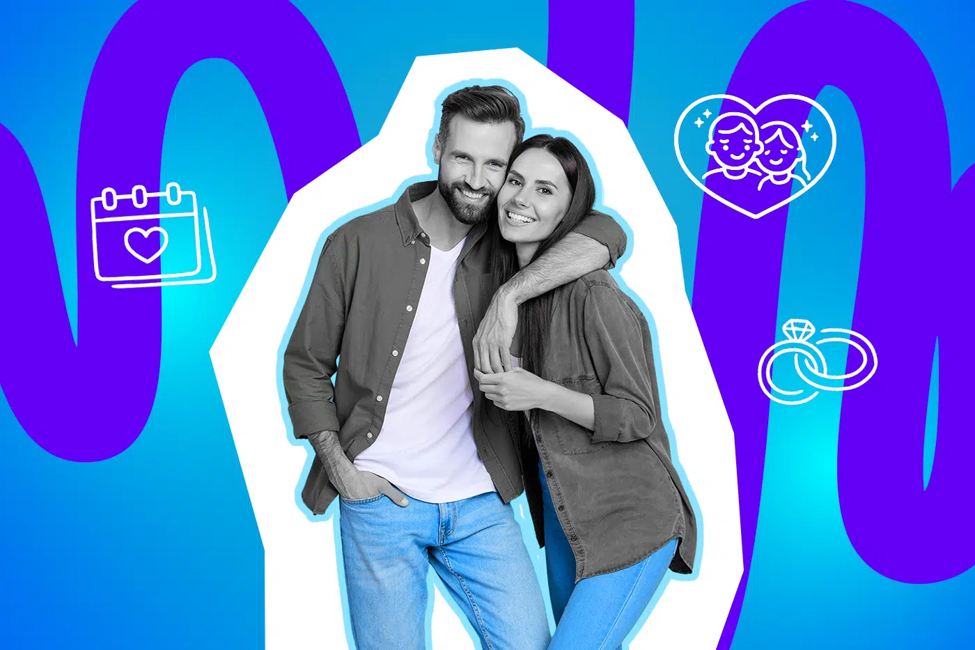Ein lächelndes Paar steht eng umarmt vor blau-lila Hintergrund mit Symbolen für Liebe, Kalender und Ringe.