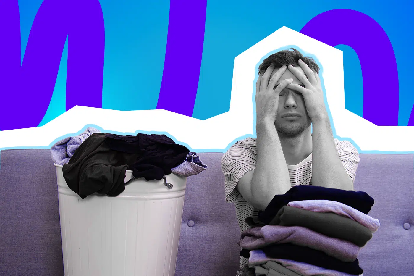 Gestresster Mann sitzt mit Wäschebergen auf dem Sofa und hält verzweifelt den Kopf in den Händen vor einem bunten, grafischen Hintergrund.