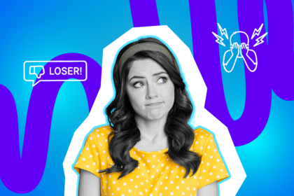 Eine junge Frau blickt verunsichert zur Seite, während um sie herum grafische Symbole für Beleidigung und emotionale Belastung erscheinen.