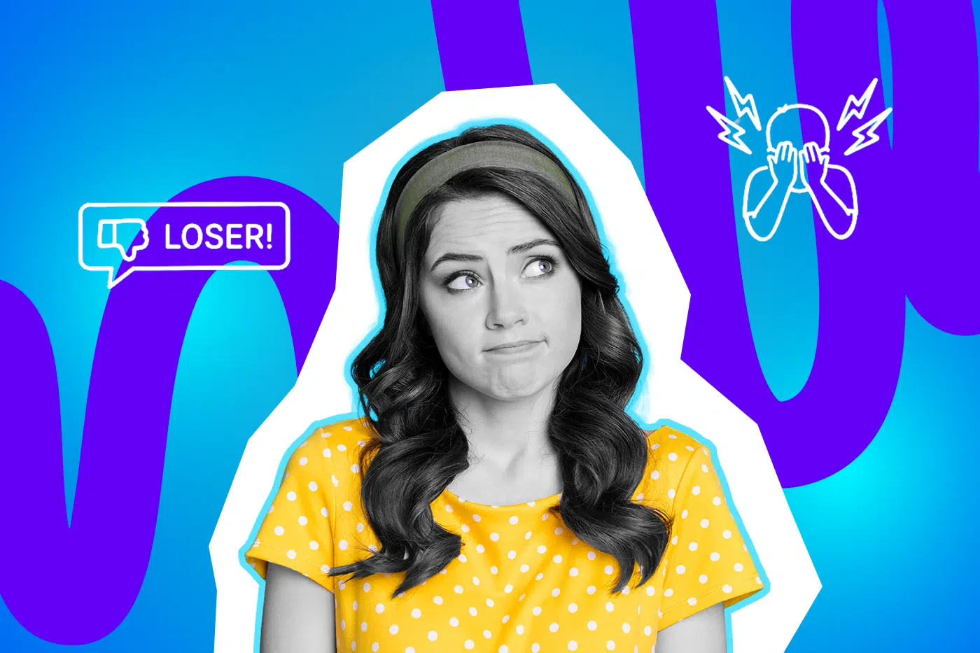 Eine junge Frau blickt verunsichert zur Seite, während um sie herum grafische Symbole für Beleidigung und emotionale Belastung erscheinen.