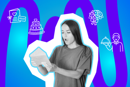 Eine junge Frau liest überrascht eine Hochzeitseinladung, umgeben von Symbolen für Feier, Torte, Blumen und Service.