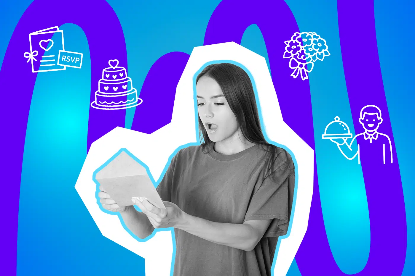 Eine junge Frau liest überrascht eine Hochzeitseinladung, umgeben von Symbolen für Feier, Torte, Blumen und Service.
