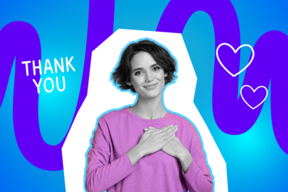 Lächelnde Person legt dankbar die Hände aufs Herz, während neben ihr der Schriftzug ‘Thank you’ und zwei gezeichnete Herzen erscheinen.