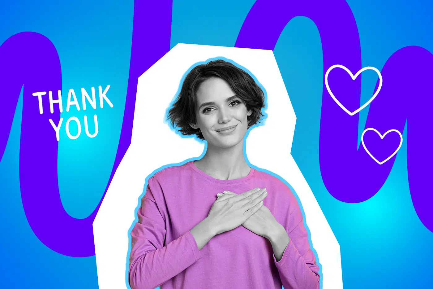Lächelnde Person legt dankbar die Hände aufs Herz, während neben ihr der Schriftzug ‘Thank you’ und zwei gezeichnete Herzen erscheinen.