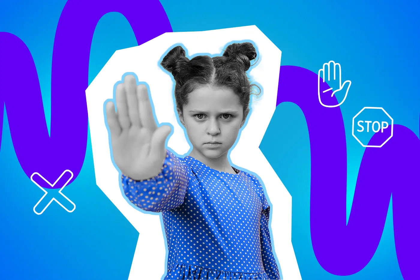 Ein Kind streckt entschlossen die Hand aus und signalisiert klar „Stopp“. Das Bild steht für Grenzen setzen und das Recht von Kindern, nicht ungefragt angefasst zu werden.