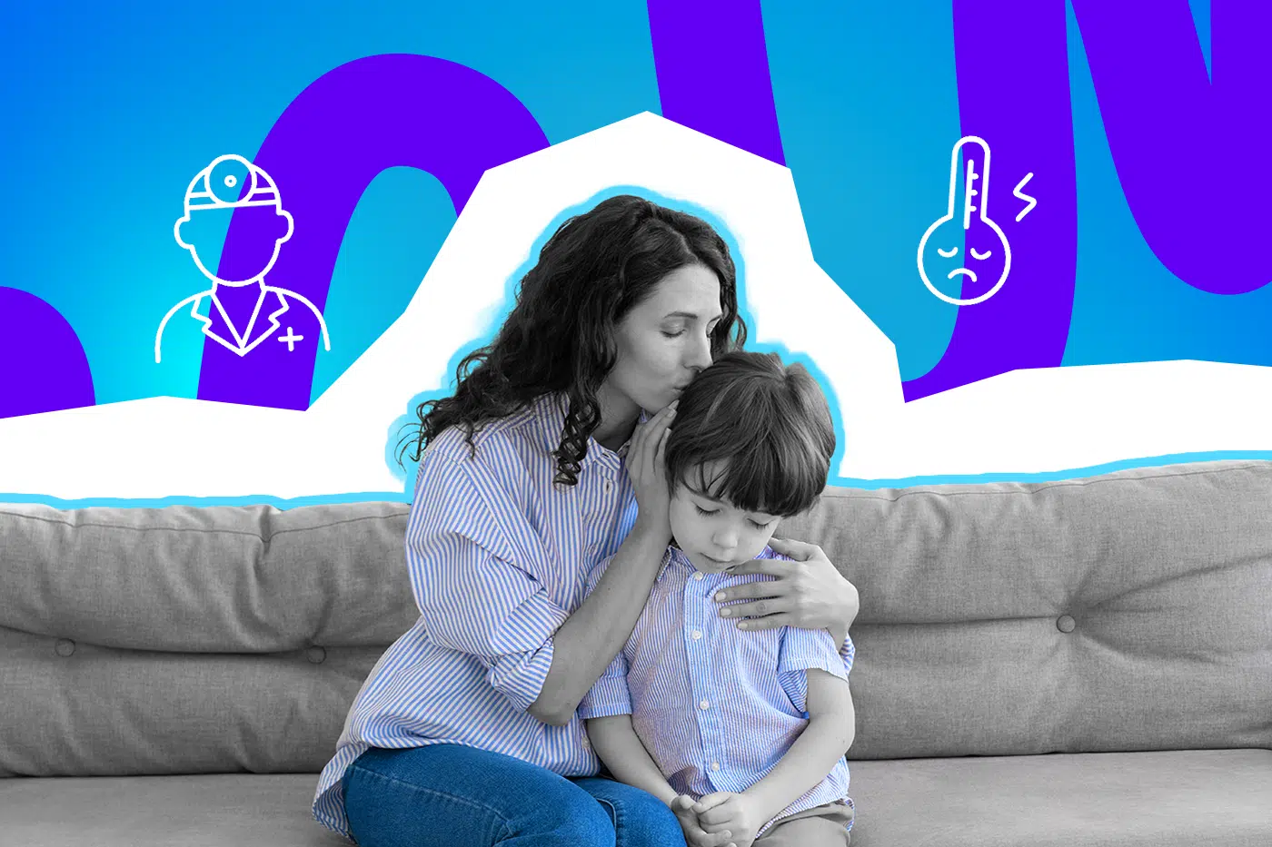 Eine Mutter sitzt auf einem Sofa, hält ihr krank wirkendes Kind liebevoll im Arm und küsst es tröstend auf den Kopf, umgeben von Symbolen für Arzt und Fieber.