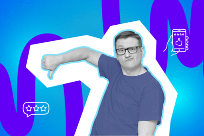 Ein Mann zeigt mit ernster Miene den Daumen nach unten. Das Bild steht für negative Bewertungen oder Unzufriedenheit.