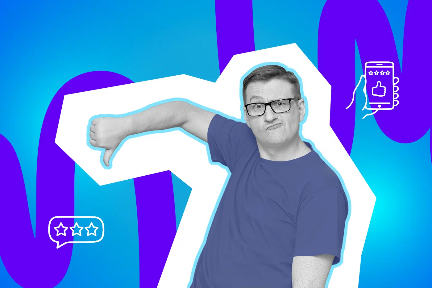 Ein Mann zeigt mit ernster Miene den Daumen nach unten. Das Bild steht für negative Bewertungen oder Unzufriedenheit.