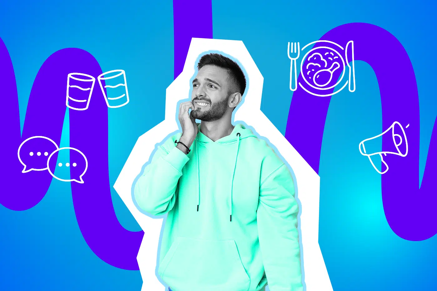 Ein nachdenklicher Mann im grünen Hoodie blickt zur Seite, umgeben von Symbolen für Essen, Gespräche und Ankündigungen. Das Bild vermittelt Entscheidungsfindung im Alltag.