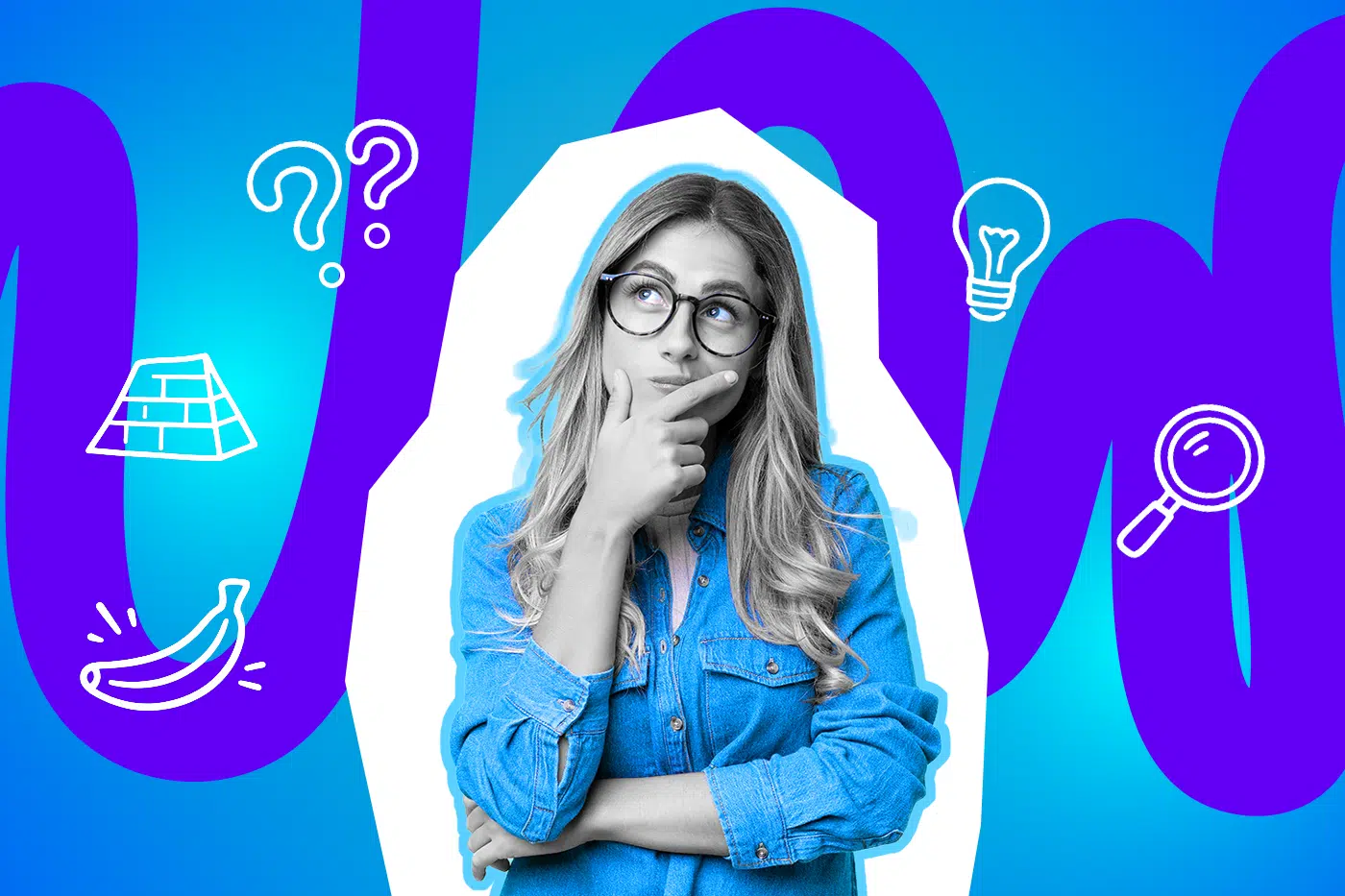 Eine nachdenkliche junge Frau mit Brille hält die Hand ans Kinn und blickt fragend zur Seite, umgeben von Symbolen wie Fragezeichen, Glühbirne und Lupe vor einem grafischen Hintergrund.