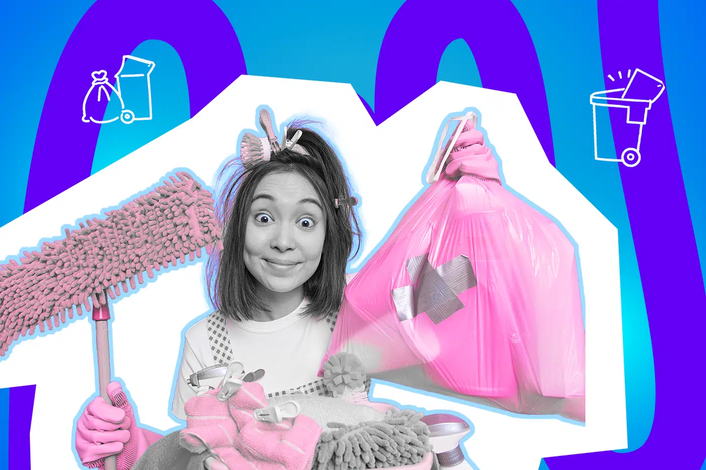 Eine junge Frau schaut überrascht, umgeben von Müllsack und Putzutensilien. Das Bild spielt humorvoll mit dem Thema Haushalt und Aufräumen.