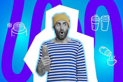 Ein Mann schaut überrascht auf seine Thermoskanne – offenbar ist der Kaffee kalt geworden.