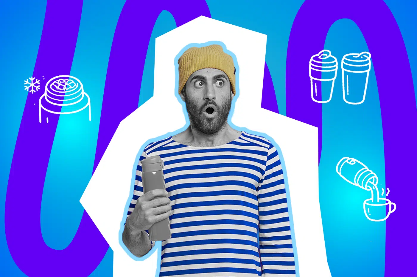 Ein Mann schaut überrascht auf seine Thermoskanne – offenbar ist der Kaffee kalt geworden.