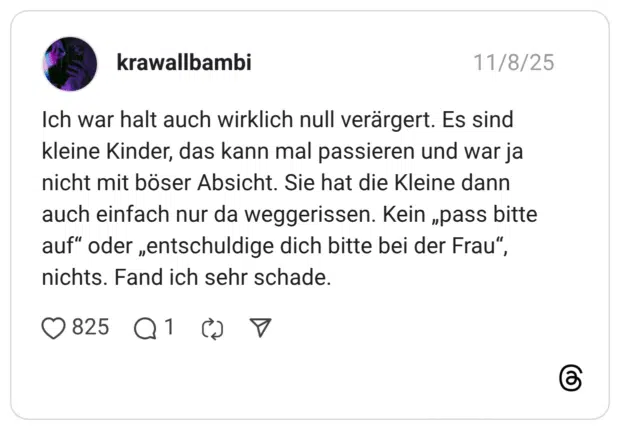 Ich war halt auch wirklich null verärgert. Es sind kleine Kinder, das kann mal passieren und war ja nicht mit böser Absicht. Sie hat die Kleine dann auch einfach nur da weggerissen. Kein „pass bitte auf" oder „entschuldige dich bitte bei der Frau", nichts. Fand ich sehr schade.
