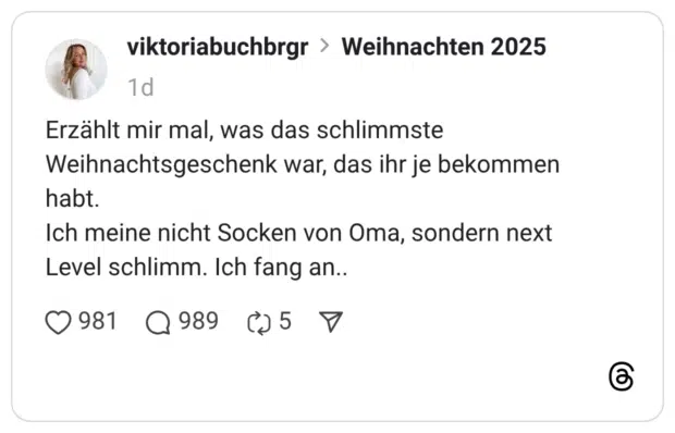 Erzählt mir mal, was das schlimmste Weihnachtsgeschenk war, das ihr je bekommen habt. Ich meine nicht Socken von Oma, sondern next Level schlimm. Ich fang an..
