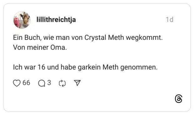 Ein Buch, wie man von Crystal Meth wegkommt. Von meiner Oma. Ich war 16 und habe garkein Meth genommen.