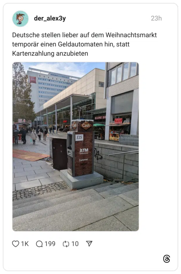 Deutsche stellen lieber auf dem Weihnachtsmarkt temporär einen Geldautomaten hin, statt Kartenzahlung anzubieten