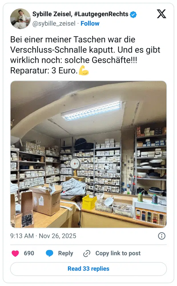 Bei einer meiner Taschen war die Verschluss-Schnalle kaputt. Und es gibt wirklich noch: solche Geschäfte!!! Reparatur: 3 Euro.💪