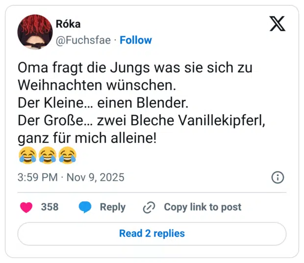 Oma fragt die Jungs was sie sich zu Weihnachten wünschen. Der Kleine... einen Blender. Der Große... zwei Bleche Vanillekipferl, ganz für mich alleine!