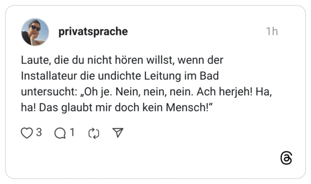Laute, die du nicht hören willst, wenn der Installateur die undichte Leitung im Bad untersucht: „Oh je. Nein, nein, nein. Ach herjeh! Ha, ha! Das glaubt mir doch kein Mensch!"