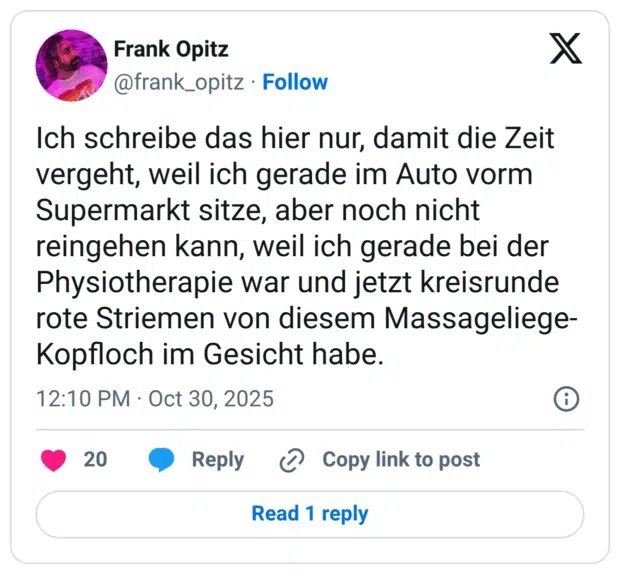 Ich schreibe das hier nur, damit die Zeit vergeht, weil ich gerade im Auto vorm Supermarkt sitze, aber noch nicht reingehen kann, weil ich gerade bei der Physiotherapie war und jetzt kreisrunde rote Striemen von diesem Massageliege- Kopfloch im Gesicht habe.