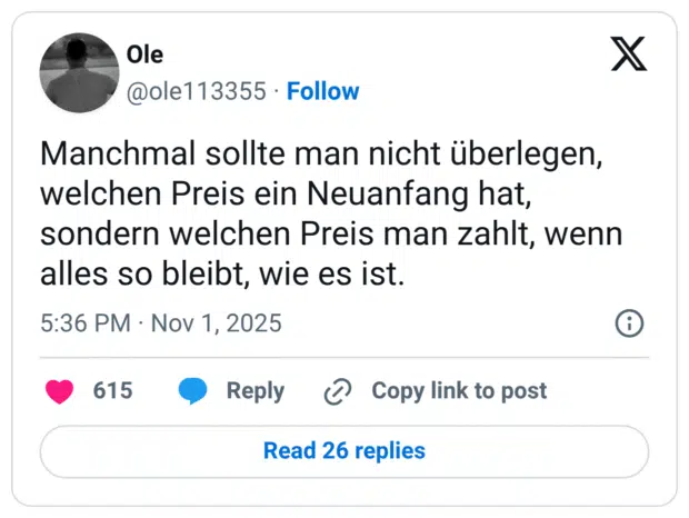 Manchmal sollte man nicht überlegen, welchen Preis ein Neuanfang hat, sondern welchen Preis man zahlt, wenn alles so bleibt, wie es ist.