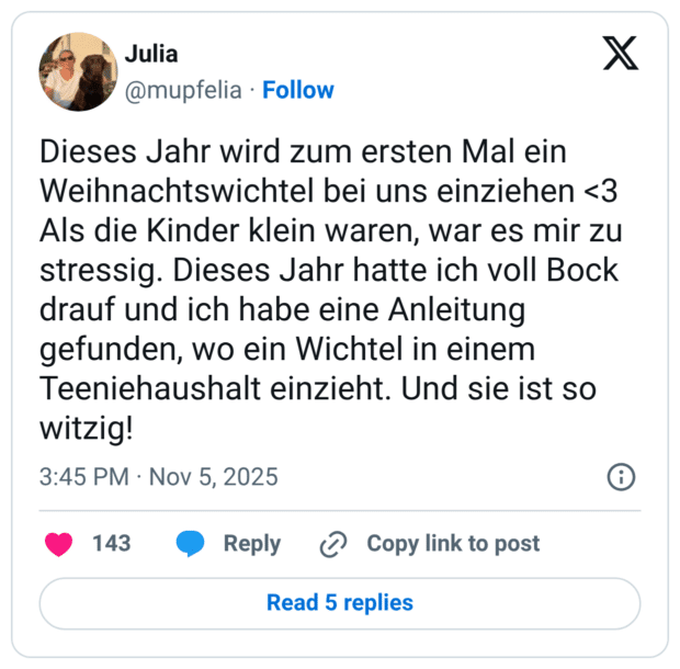 Dieses Jahr wird zum ersten Mal ein Weihnachtswichtel bei uns einziehen