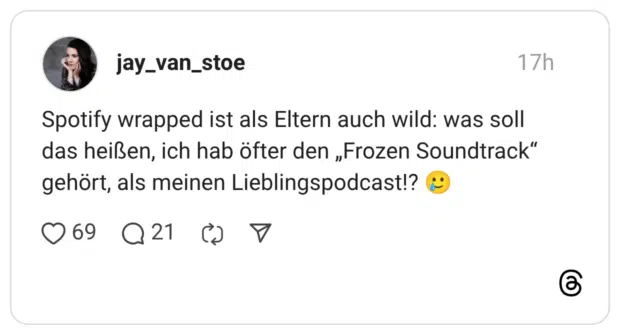 Spotify wrapped ist als Eltern auch wild: was soll das heißen, ich hab öfter den „Frozen Soundtrack" gehört, als meinen Lieblingspodcast!? "