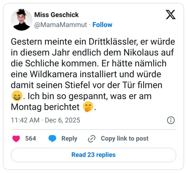 Gestern meinte ein Drittklässler, er würde in diesem Jahr endlich dem Nikolaus auf die Schliche kommen. Er hätte nämlich eine Wildkamera installiert und würde damit seinen Stiefel vor der Tür filmen Montag berichtet