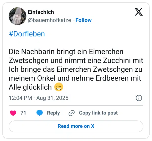 #Dorfleben Die Nachbarin bringt ein Eimerchen Zwetschgen und nimmt eine Zucchini mit Ich bringe das Eimerchen Zwetschgen zu meinem Onkel und nehme Erdbeeren mit Alle glücklich :grinsen: