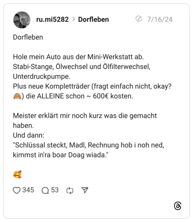 Dorfleben Hole mein Auto aus der Mini-Werkstatt ab. Stabi-Stange, Ölwechsel und Ölfilterwechsel, Unterdruckpumpe. Plus neue Kompletträder (fragt einfach nicht, okay? :affe_sieht_nichts:) die ALLEINE schon ~ 600€ kosten. Meister erklärt mir noch kurz was die gemacht haben. Und dann: "Schlüssal steckt, Madl, Rechnung hob i noh ned, kimmst in'ra boar Doag wiada." :lächelndes_gesicht_mit_3_herzen: