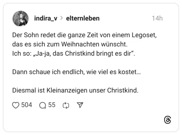 Der Sohn redet die ganze Zeit von einem Legoset, das es sich zum Weihnachten wünscht. Ich so: „Ja-ja, das Christkind bringt es dir“. Dann schaue ich endlich, wie viel es kostet… Diesmal ist Kleinanzeigen unser Christkind.