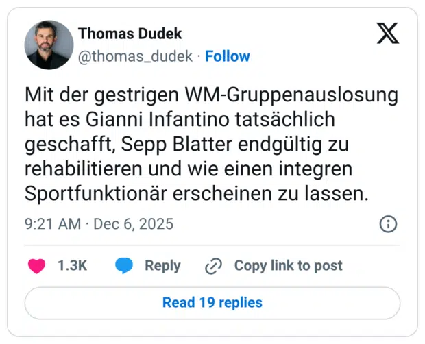 Mit der gestrigen WM-Gruppenauslosung hat es Gianni Infantino tatsächlich geschafft, Sepp Blatter endgültig zu rehabilitieren und wie einen integren Sportfunktionär erscheinen zu lassen