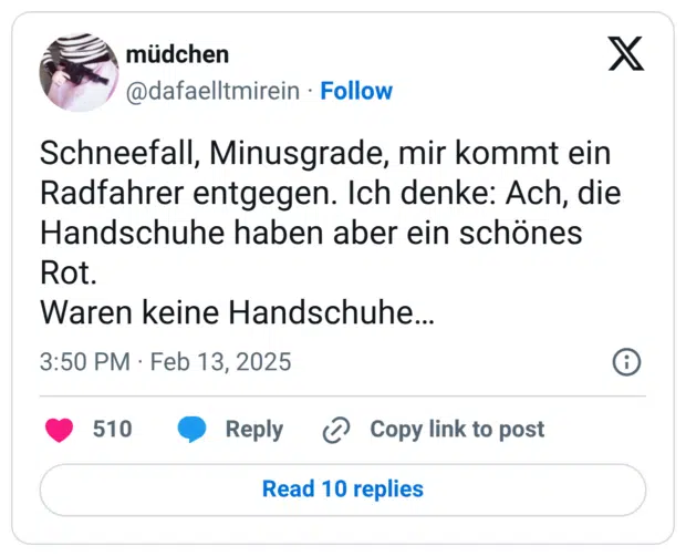 Schneefall, Minusgrade, mir kommt ein Radfahrer entgegen. Ich denke: Ach, die Handschuhe haben aber ein schönes Rot. Waren keine Handschuhe…