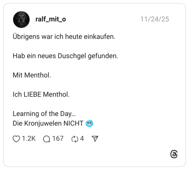 Übrigens war ich heute einkaufen. Hab ein neues Duschgel gefunden. Mit Menthol. Ich LIEBE Menthol. Learning of the Day... Die Kronjuwelen NICHT