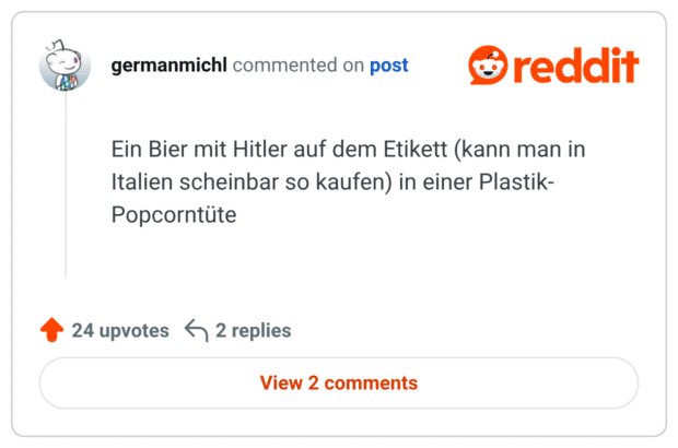 Ein Bier mit Hitler auf dem Etikett (kann man in Italien scheinbar so kaufen) in einer Plastik- Popcorntüte