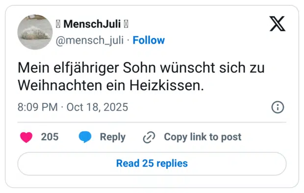 Mein elfjähriger Sohn wünscht sich zu Weihnachten ein Heizkissen.