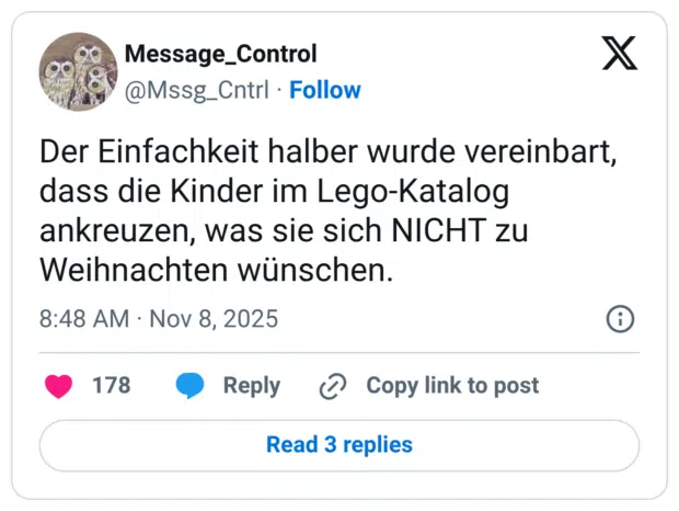 Der Einfachkeit halber wurde vereinbart, dass die Kinder im Lego-Katalog ankreuzen, was sie sich NICHT zu Weihnachten wünschen.