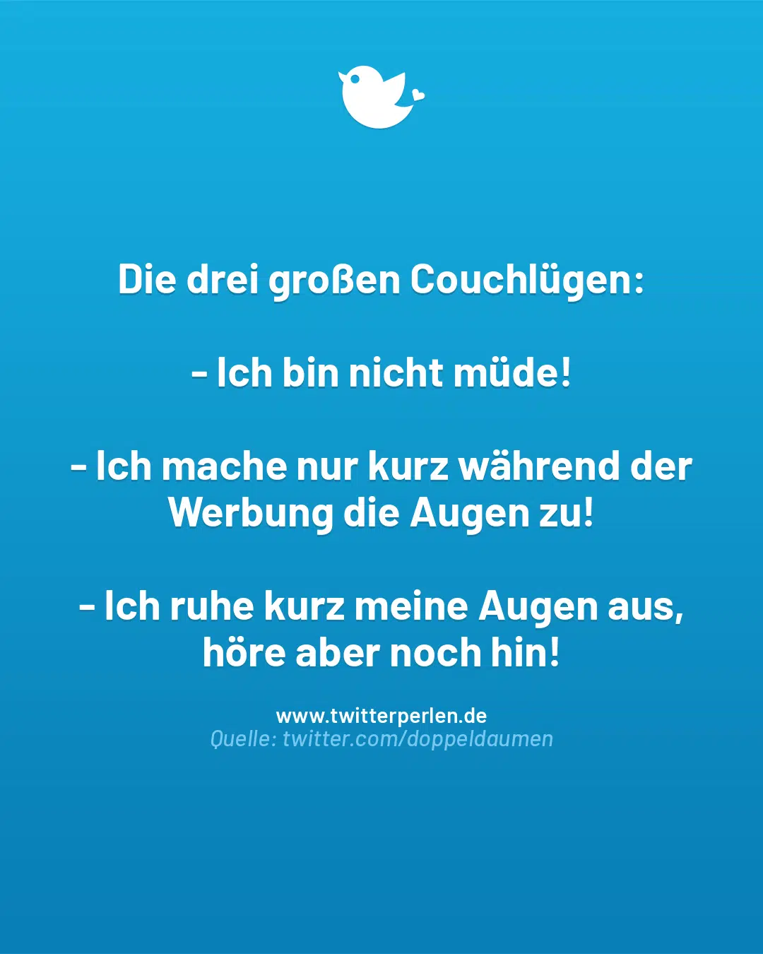 Die drei großen Couchlügen:
– Ich bin nicht müde!
– Ich mache nur kurz während der Werbung die Augen zu!
– Ich ruhe kurz meine Augen aus, höre aber noch hin!