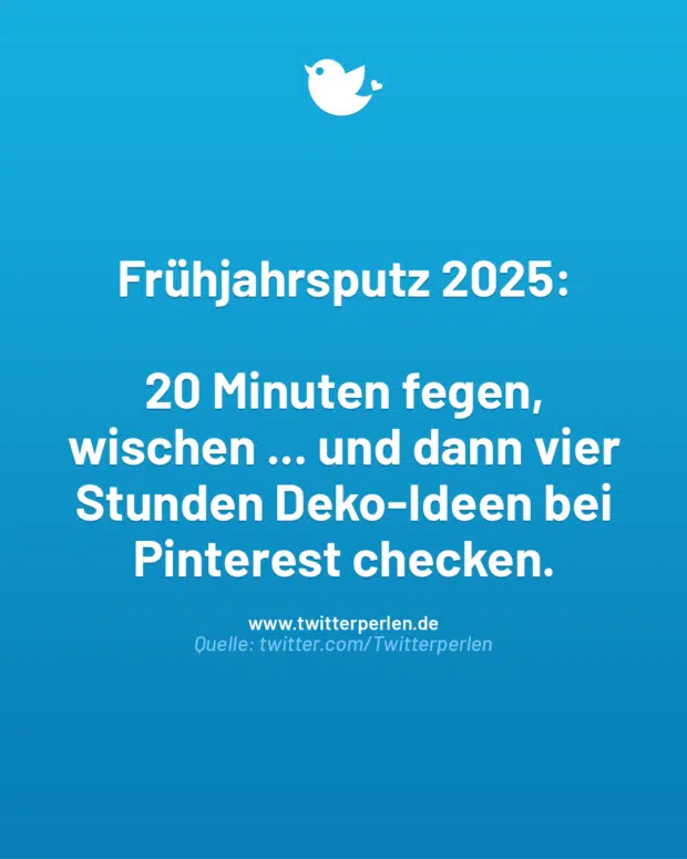 Frühjahrsputz 2025:
20 Minuten fegen, wischen … und dann vier Stunden Deko-Ideen bei Pinterest checken.