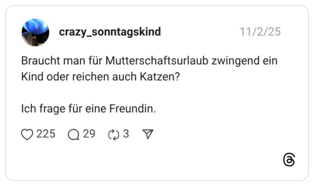 Braucht man für Mutterschaftsurlaub zwingend ein Kind oder reichen auch Katzen? Ich frage für eine Freundin.